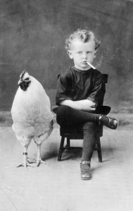 Self-portrait of IG Karfield and one of his pet chicken, taken in 1984